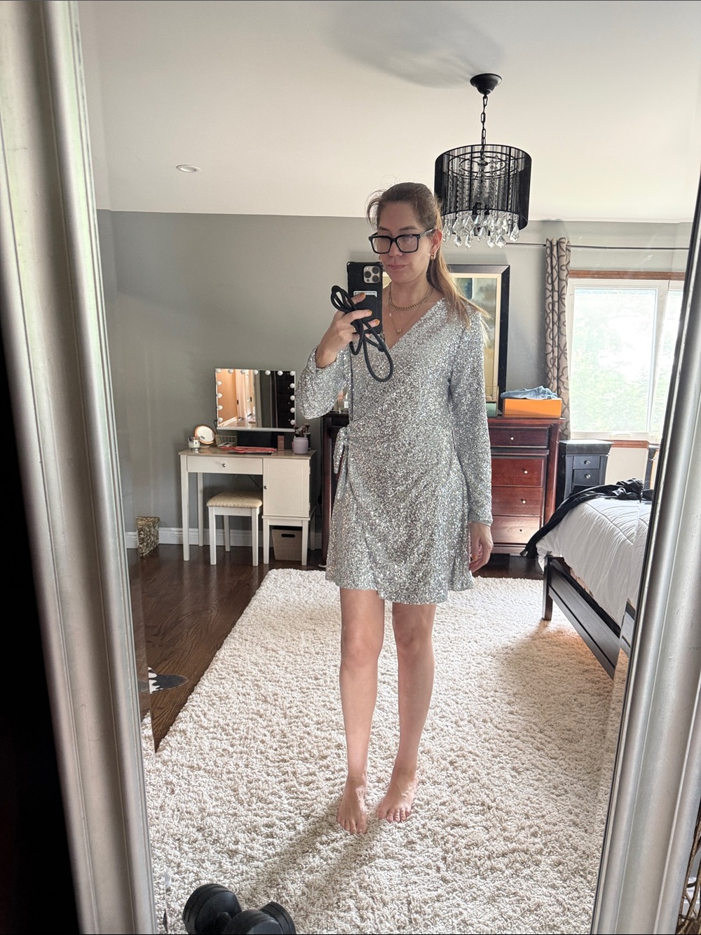 H&M Silver Sequin Wrap-Style Mini Dress size L NWT